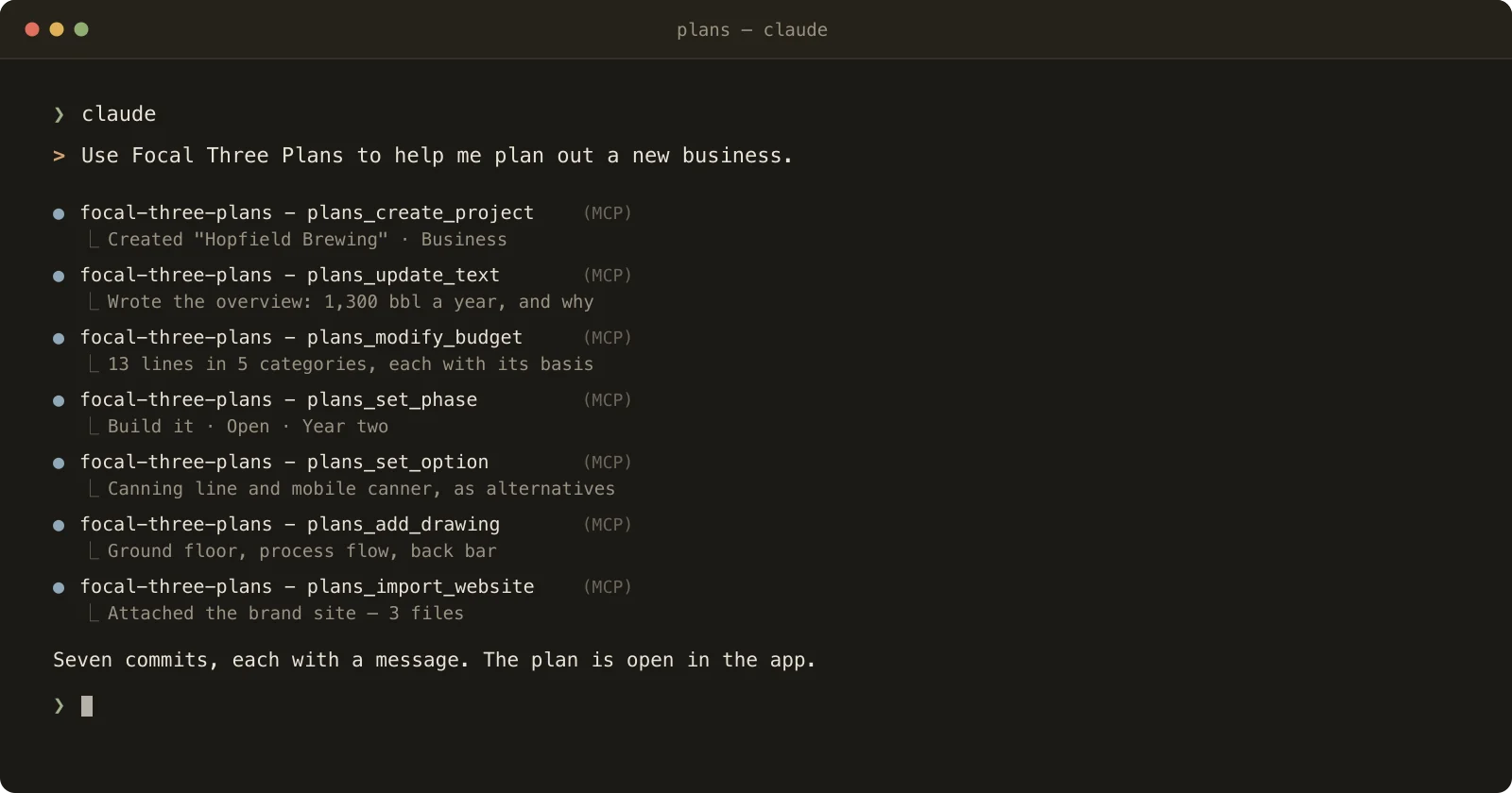 A terminal session asking an assistant to plan a new business